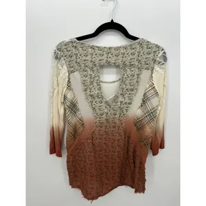 Gimmick by BKE Womens Medium Patchwork Floral Plaid Lace Cutout Top Rust Green thumbnail 3