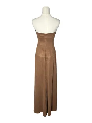 Vintage BCBG Brown Faux Suede Beaded Paneled Strapless Maxi Dress thumbnail 2
