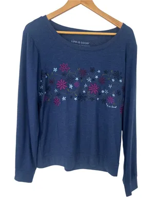 Life‎ Is Good Sweatshirt Womens M Blue Floral Embroidered Pullover Boho Lounge thumbnail 1