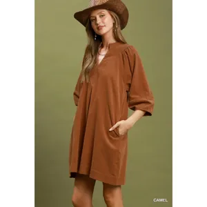 Umgee Corduroy V-Neck Puff Sleeve Shift Dress with Pockets - Camel - Small thumbnail 2