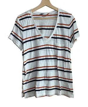 Madewell orange white striped v-neck t-shirt women's size large 100% cotton thumbnail 1