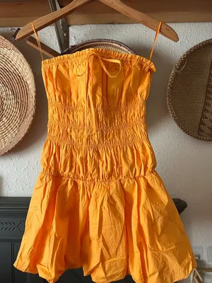 Bubble smocked strapless Mini Dress Game Day Sweetheart in Marigold Orange XS thumbnail 2