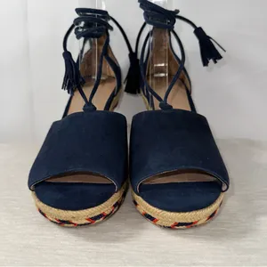 Cabi 6001 Women's US 6 Medium Navy Isla Wedge Ikat Suede Ankle Tie Sandals thumbnail 3