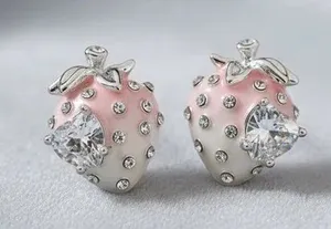Silver Tone Pink Strawberry Crystal Stud Earrings thumbnail 1