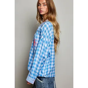 POL Gingham Embroidered Palm Tree Blouse - Large thumbnail 2