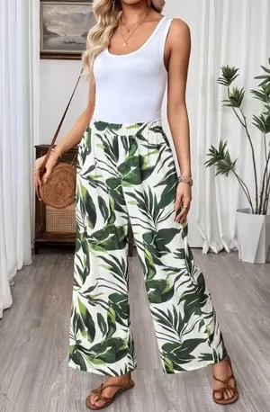 Peach nwt size XL Tropical Leaf Wide-Leg Pants - Green thumbnail 1