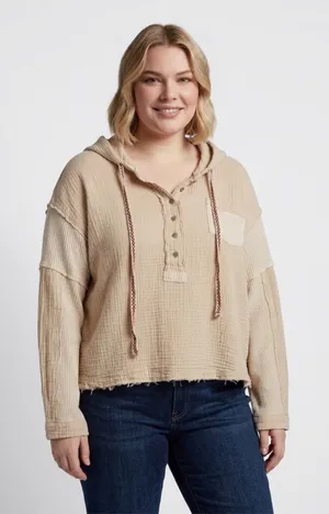 POL Beige Mixed Texture Cotton Hooded Henley Pullover Top‎ Size M thumbnail 1
