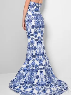 Terani Couture Glamour Strapless Blue&White Porcelain Print Mermaid Gown Formal thumbnail 3