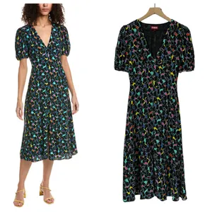 STAUD Milla Puff-Sleeve Midi-Dress - Black Abstract Wave - 4 thumbnail 2