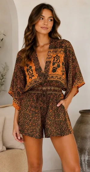 Earthbound neutral short Bell sleeve shorts romper boho small outfit thumbnail 1