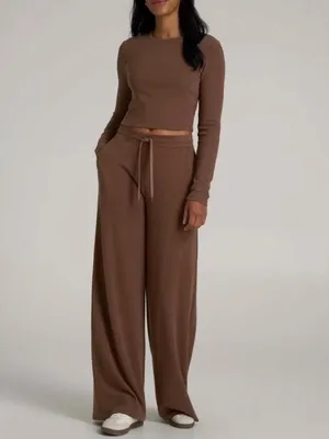 American Tall Waffle Knit Wide Leg Pants Size Medium Extra Tall Brown Lounge thumbnail 12
