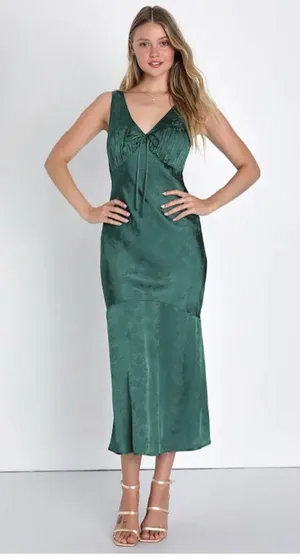 NWT Lulu's Exceptional Ideal Emerald Green Satin Jacquard Midi Dress Size M thumbnail 1