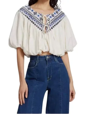 Free People Joni Top Boho Embroidered Puff Sleeve Cropped White Blue Women Small thumbnail 1