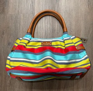 Kate Spade New York Striped Canvas‎ Satchel Bag Blue Yellow Red Tan Leather Trim thumbnail 1