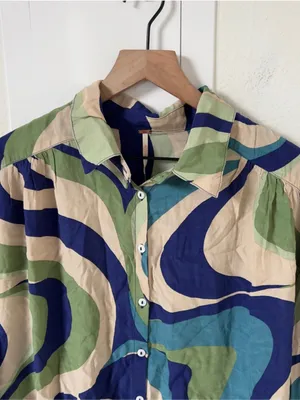 NWT Free People Joy Printed Button Down Shirt in Teal & Blue Combo thumbnail 6