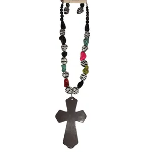 Zebra‎ Print Cross Necklace Set Colorful Rhinestone Pendant NWT thumbnail 3