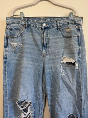American Eagle Super High Rise Baggy Wide Leg Jeans Size 14 Regular Distressed thumbnail 4