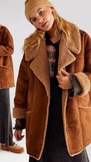Free People Western Bohemian Retro 70s Faux Sherpa Suede Diogo Coat Size Medium thumbnail 1