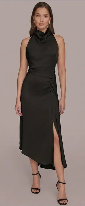 Donna Karan New York Black Satin Halter Midi Dress Ruched Side Slit Size‎ 4 thumbnail 1