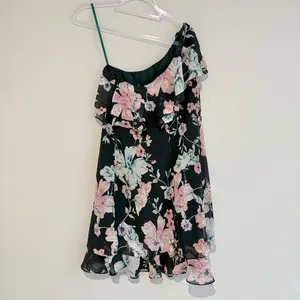 Eliza J Floral One Shoulder Ruffle Chiffon Dress green pink size‎ 2 thumbnail 3