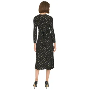 NWT Tommy Hilfiger Womens Printed Ruched-Waist Dress A4IJ114A Black / Gold 2 thumbnail 2
