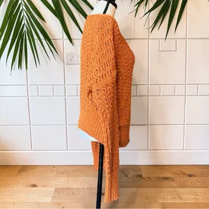 Free People Orange Open Knit Slouchy V-Neck Sweater Boho Oversized (READ) thumbnail 4
