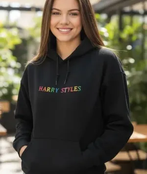 Gildan Harry‎ Styles Hoodie Black Rainbow text size Small thumbnail 1