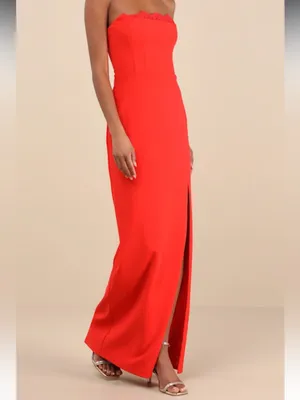 Lulus Memorably Iconic Red Strapless Lace Bustier Maxi Dress thumbnail 5