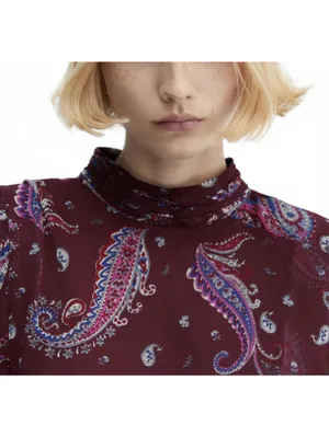 Mango Long Sleeve Flowy Paisley-Print Dress Midi Sandy Maroon NWT Size 2/XS thumbnail 6