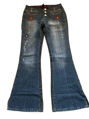 Dollhouse Vtg y2k low rise flare jeans embellished embroidered two toned blue and black thumbnail 1