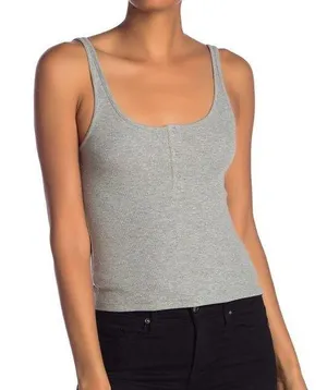 Abound New Cropped Henley Tank Top Scoop Neck Ribbed Heather Grey thumbnail 1