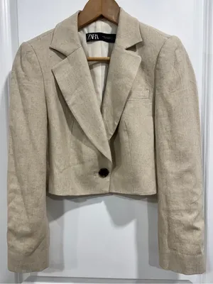 ZARA Beige Linen Blend Cropped Blazer Jacket Single Button Neutral Beige XS thumbnail 2