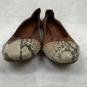 Tory Burch Leather Scalloped Ballet Flats‎ Snakeskin Cap Toe Logo 7.5 READ thumbnail 3