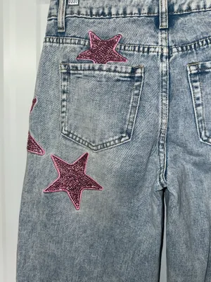 Y2K Barbiecore Pink Rhinestone Star Wide Leg Jeans Bedazzled Festival Glam thumbnail 6