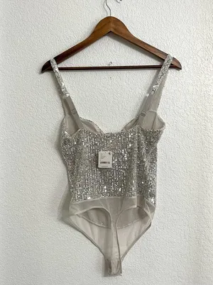 NWT Free People Womens Bodysuit Silver Sparks Fly Bodysuit Sequin Size Small thumbnail 3