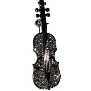 Crystal Rhinestone Violin Brooch Pin Silver thumbnail 8