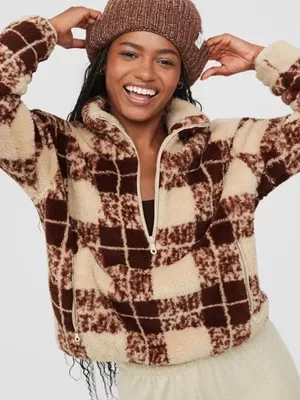 OFFLINE by Aerie Plaid Sherpa Fleece Quarter Zip Pullover Sweater Size Large Tan thumbnail 1
