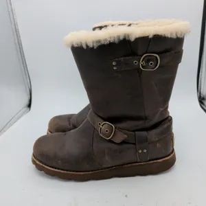 UGG Noira 1001733 Dark Brown Leather Shearling Moto Boots Womens 10 Biker thumbnail 2