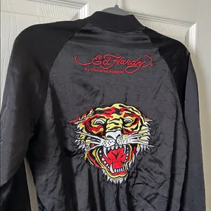 Ed Hardy Womens Bomber Jacket Black Zip Roar Embroidered Butterfly‎ Eyes Vintage thumbnail 15