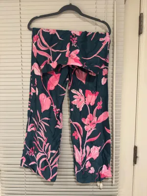 Dark Green Pink Floral Anthropologie Satin Pants thumbnail 3