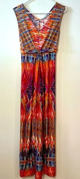 NY Collection Maxi Dress V-Neck Sleeveless Red Multi-Colored Size XL thumbnail 1