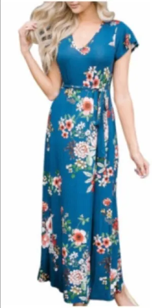 Boho Floral Maxi Dress - Royal Blue thumbnail 1