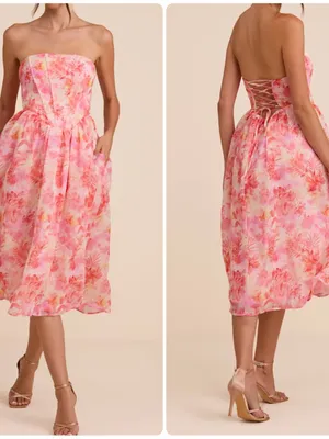 Lulus Eulalia Pink Floral Lace-Up Strapless Bustier Midi Dress thumbnail 2