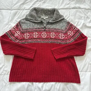 Vintage Sweater Pullover 1/4 Zip Womens Size XL Red Gray‎ Fair Isle Holiday 90s thumbnail 1