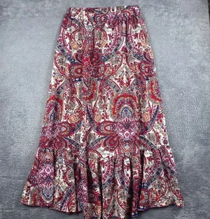 Bohemian Paisley Print Maxi Skirt With Ruffle Hem Elastic Waist Large 100% Polye thumbnail 1