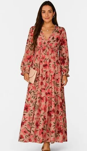 Blencot Women’s M light pink, maroon, red floral bishop long sleeve maxi dress thumbnail 1