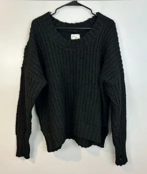 Offline by Aerie Black Chunky V-neck Knit Sweater Size Medium thumbnail 1
