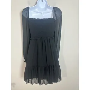 Aritzia Wilfred Black Tempest Chiffon Smocked Mini Dress Sheer Sleeve Size XS thumbnail 7