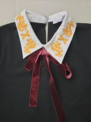 Zara Black Dress with Embroidered White Collar and Burgundy Ribbon Size M thumbnail 5