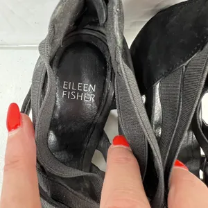 Eileen Fisher 6 Oodle Black Criss Cross Sandal Wedge Nubuck Leather Stacked Heel thumbnail 8